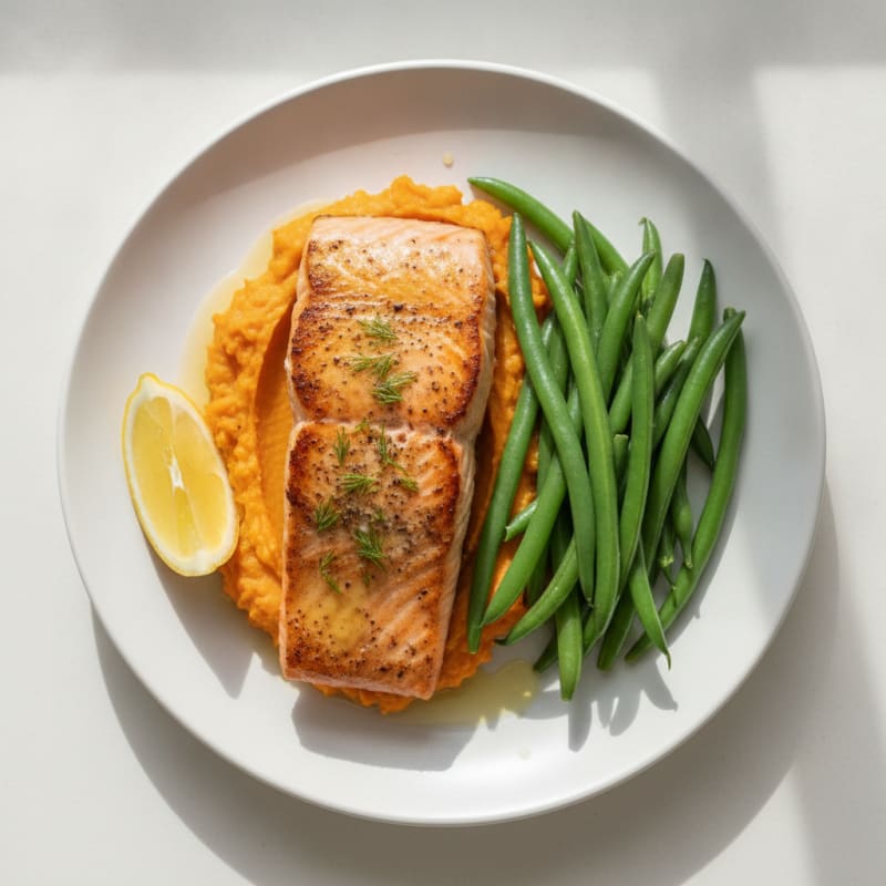 Seared Salmon Fillet with Steamed Green Beans and Sweet Potato Mash