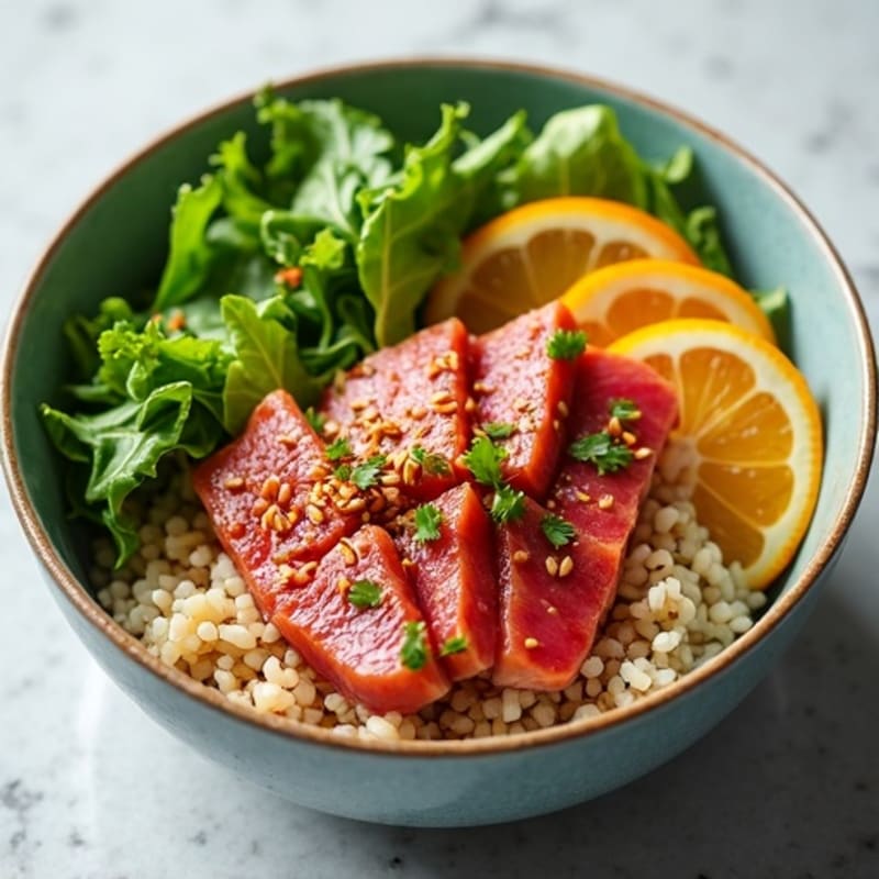 Fresh Tuna and Rice Bowl with Citrus-Soy Dressing and Crunchy Greens