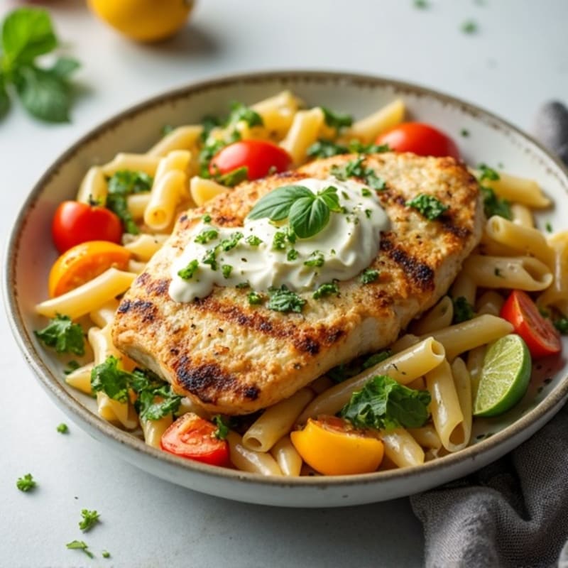 Creamy Chicken Pesto Whole Wheat Pasta with Fresh Vegetables