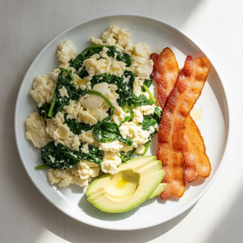Scrambled Egg Whites with Sautéed Spinach and Turkey Bacon
