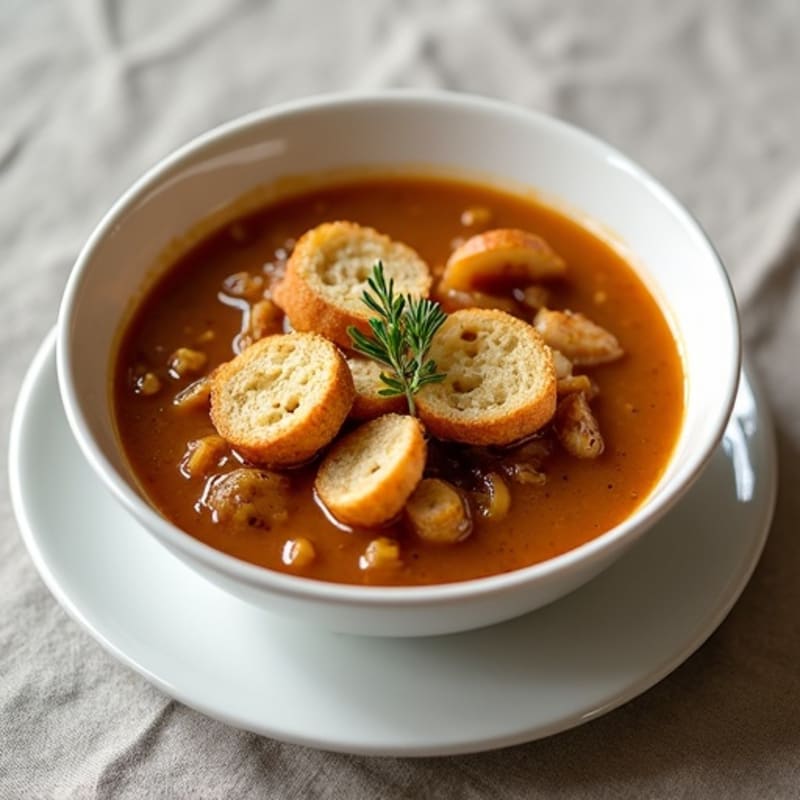 Savory Caramelized Onion Soup with Crispy Whole Grain Croutons