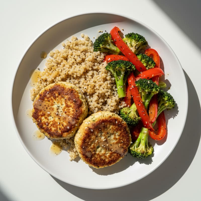 Seared Veggie Patty with Quinoa and Roasted Vegetables