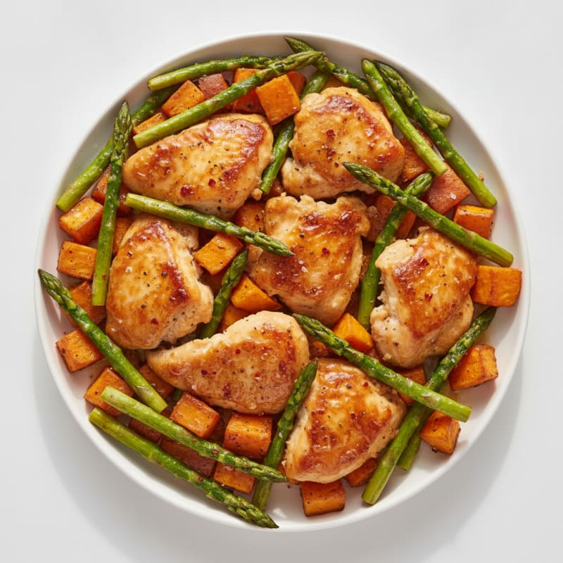Sheet Pan Honey-Garlic Chicken with Asparagus and Sweet Potatoes