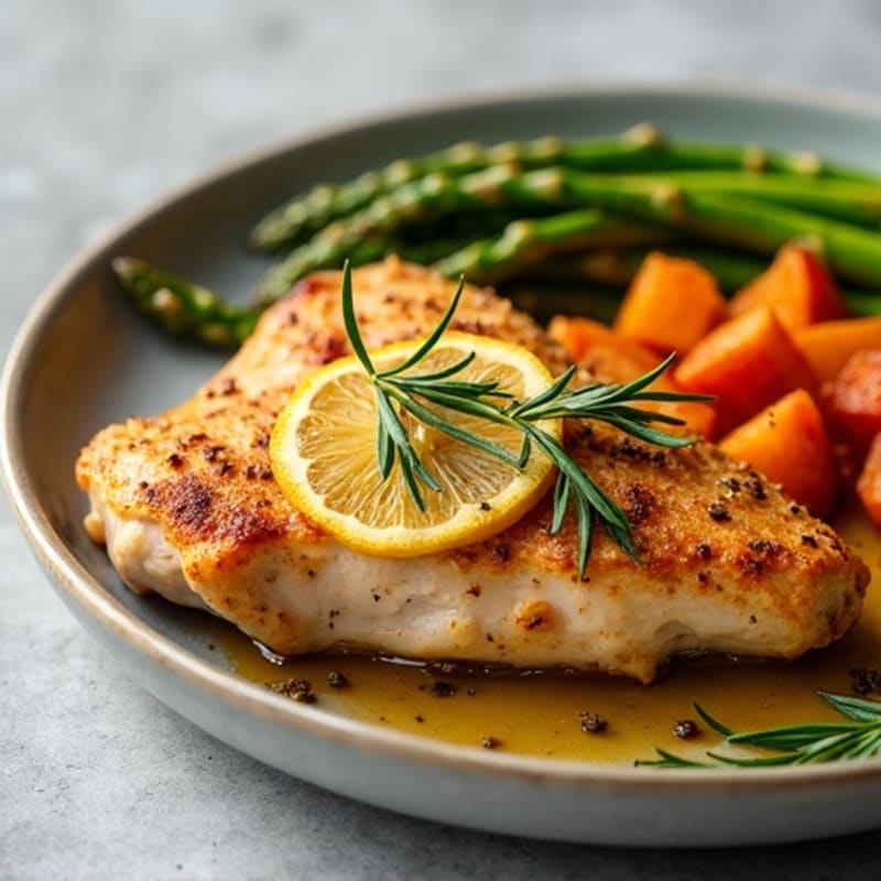 Crispy Lemon Herb Roasted Chicken with Roasted Asparagus and Sweet Potatoes