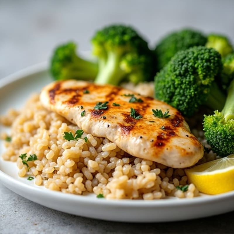 Grilled Lemon Herb Chicken Breast with Steamed Broccoli and Brown Rice