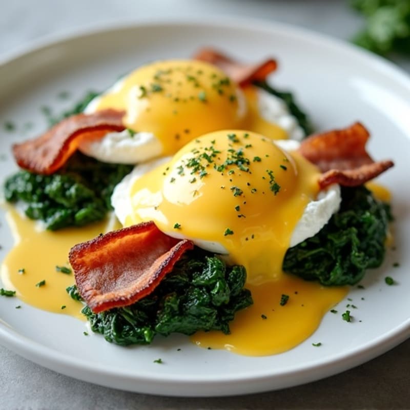 Poached Eggs with Crispy Turkey Bacon, Sautéed Greens, and Zesty Greek Yogurt Hollandaise