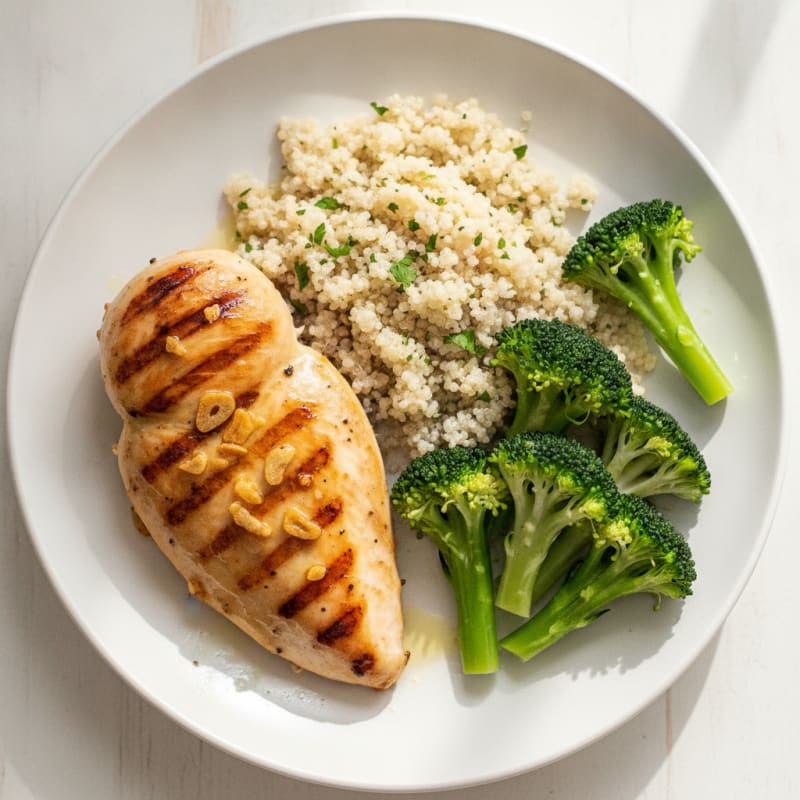 Grilled Chicken Breast with Steamed Broccoli and Quinoa