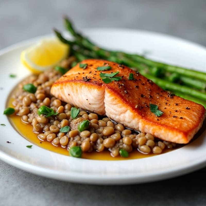 Seared Salmon Fillet with Garlic Asparagus and Lentil Mash