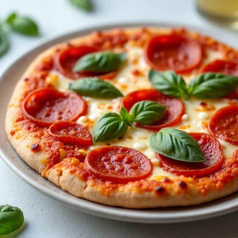 Crispy Whole Wheat Lean Turkey Pepperoni Pizza with Melty Mozzarella and Fresh Basil