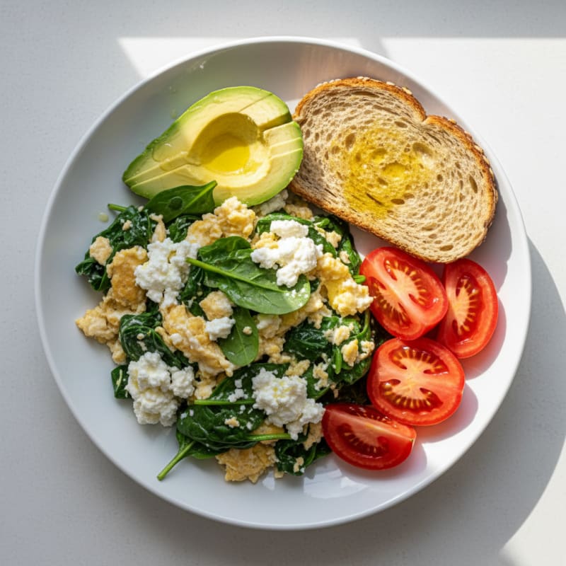 Egg White and Spinach Scramble with Cottage Cheese and Sliced Tomato