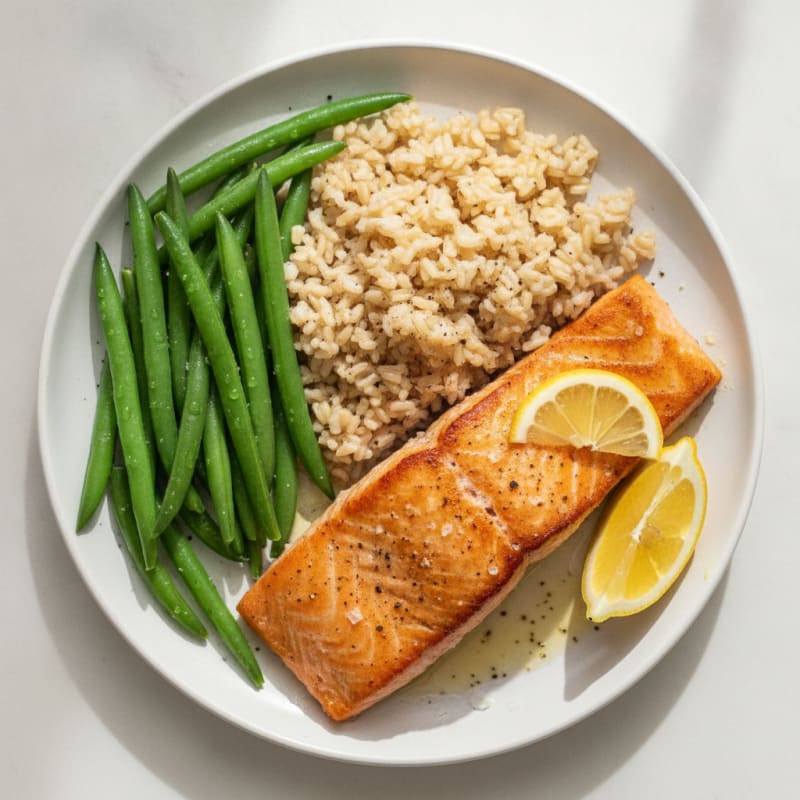Seared Salmon with Steamed Green Beans and Brown Rice