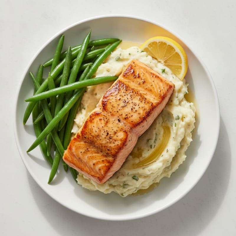 Seared Salmon with Steamed Green Beans and Garlic Mashed Potatoes
