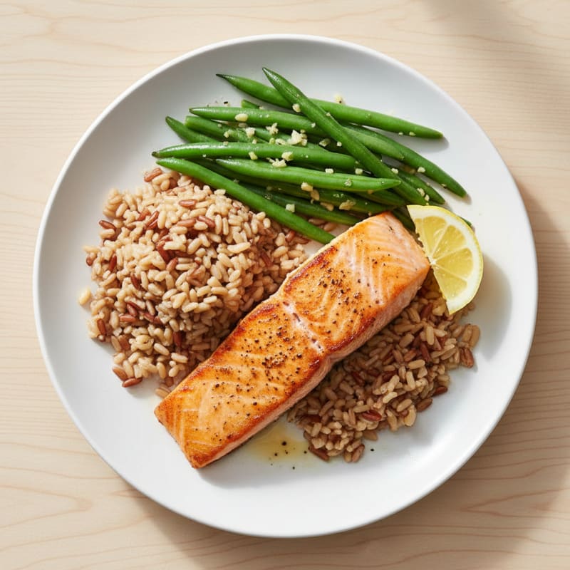Seared Salmon Fillet with Garlic Green Beans and Brown Rice