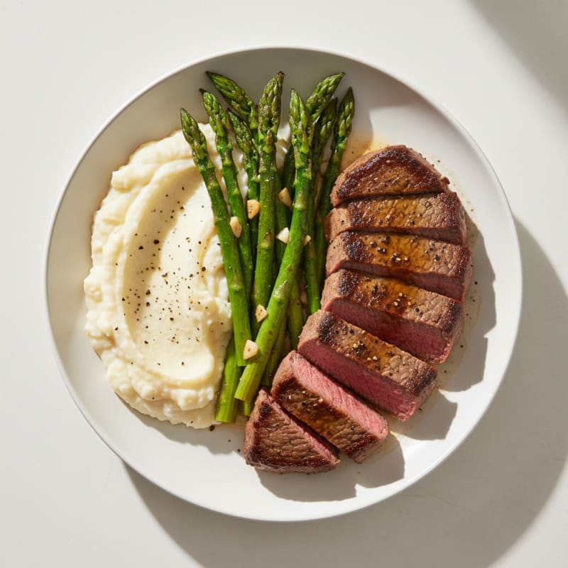 Seared Lean Beef with Roasted Asparagus and Cauliflower Mash