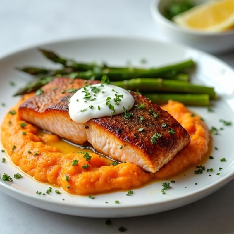Seared Salmon with Roasted Asparagus and Sweet Potato Mash
