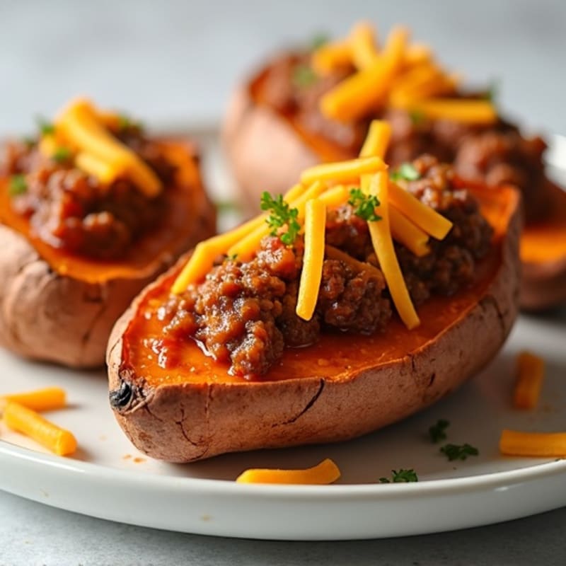 Crispy Baked Sweet Potato Skins with Lean Beef Chili and Sharp Cheddar