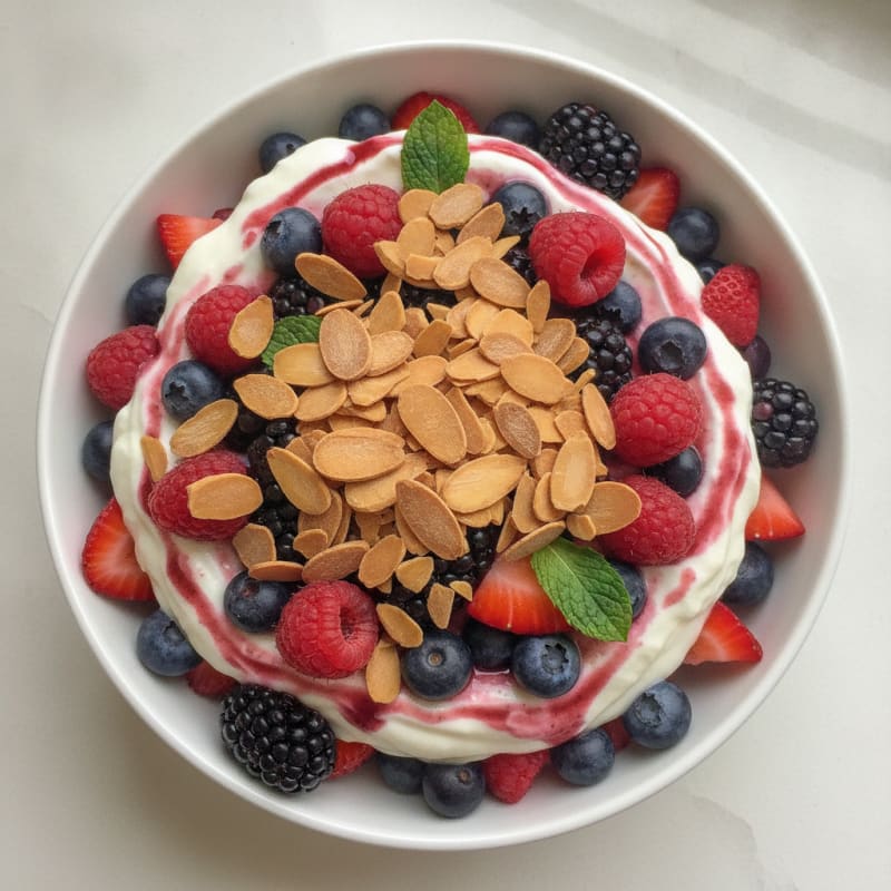 Greek Yogurt Protein Parfait with Mixed Berries and Almonds