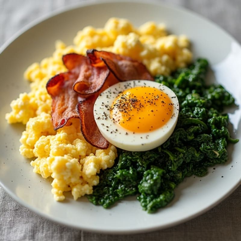 Fluffy Scrambled Eggs with Crispy Turkey Bacon and Sautéed Spinach