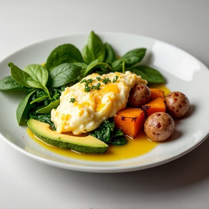 Egg White and Spinach Scramble with Roasted Sweet Potato