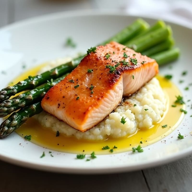 Seared Salmon with Roasted Asparagus and Cauliflower Mash