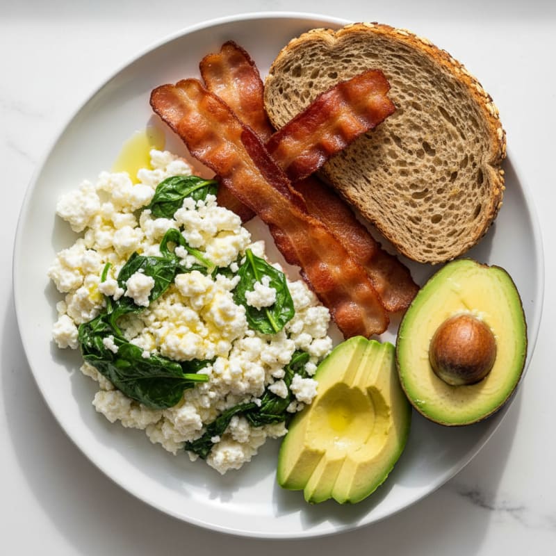 Cottage Cheese Egg White Scramble with Spinach and Turkey Bacon