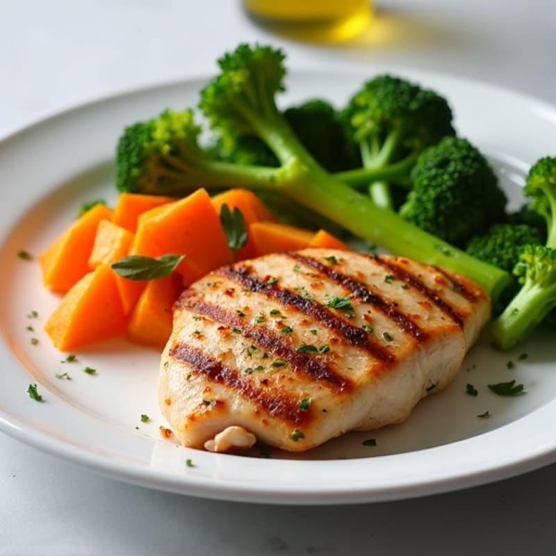 Grilled Chicken Breast with Roasted Sweet Potato and Steamed Broccoli