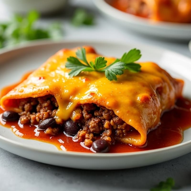Cheesy Lean Ground Beef and Black Bean Enchilada Bake