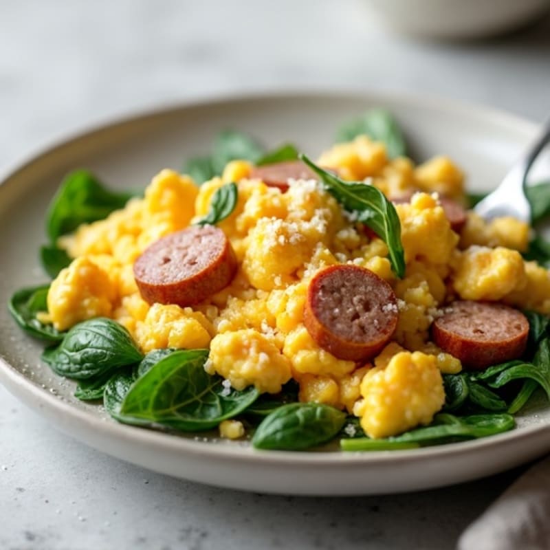 Egg White Scramble with Turkey Sausage and Sautéed Spinach