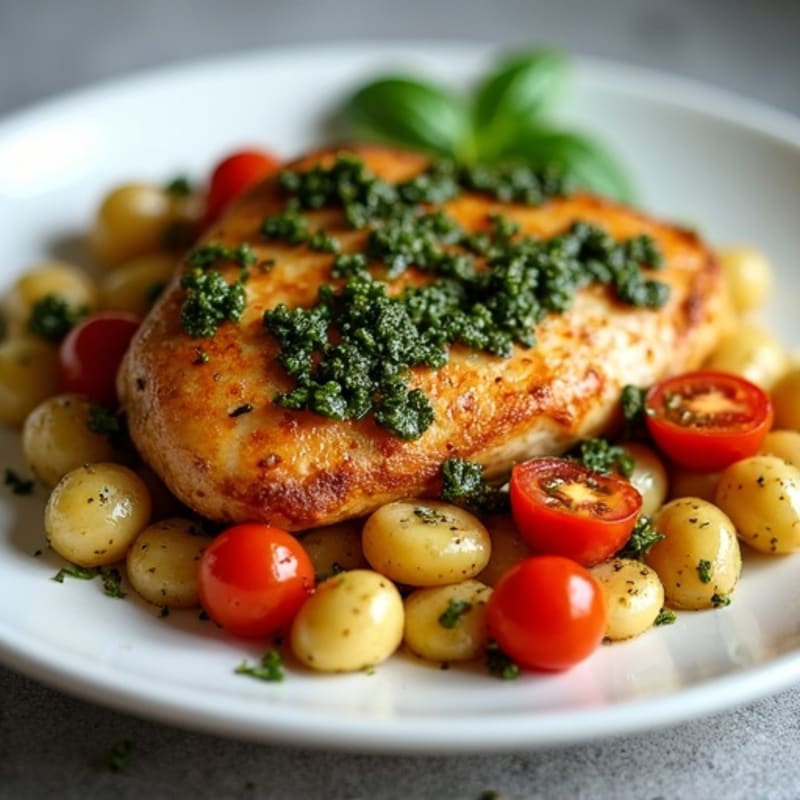 Sheet Pan Crispy Gnocchi with Roasted Chicken, Fresh Pesto, and Blistered Tomatoes