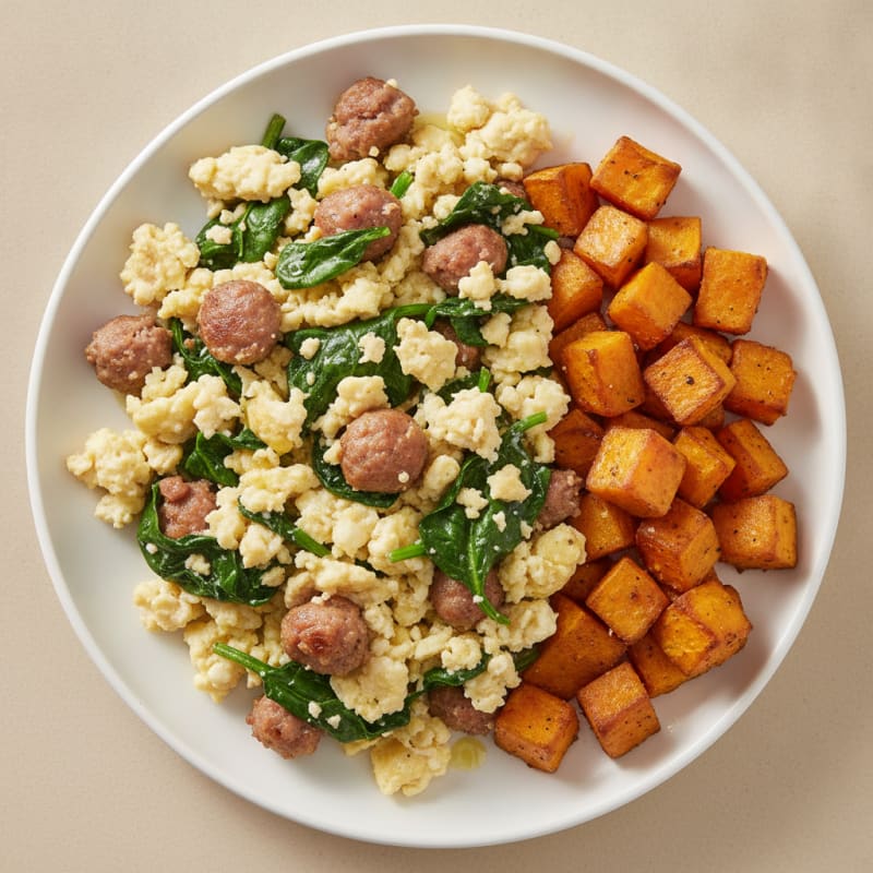 Egg White and Turkey Sausage Scramble with Spinach and Roasted Sweet Potato
