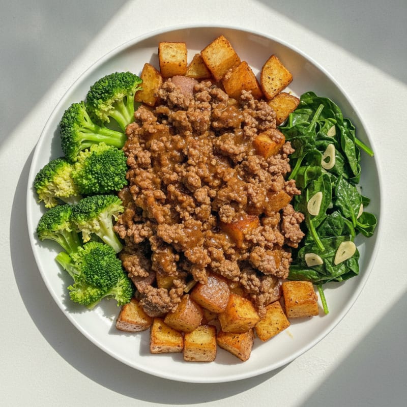 Lean Mince Beef and Potato Skillet with Steamed Greens