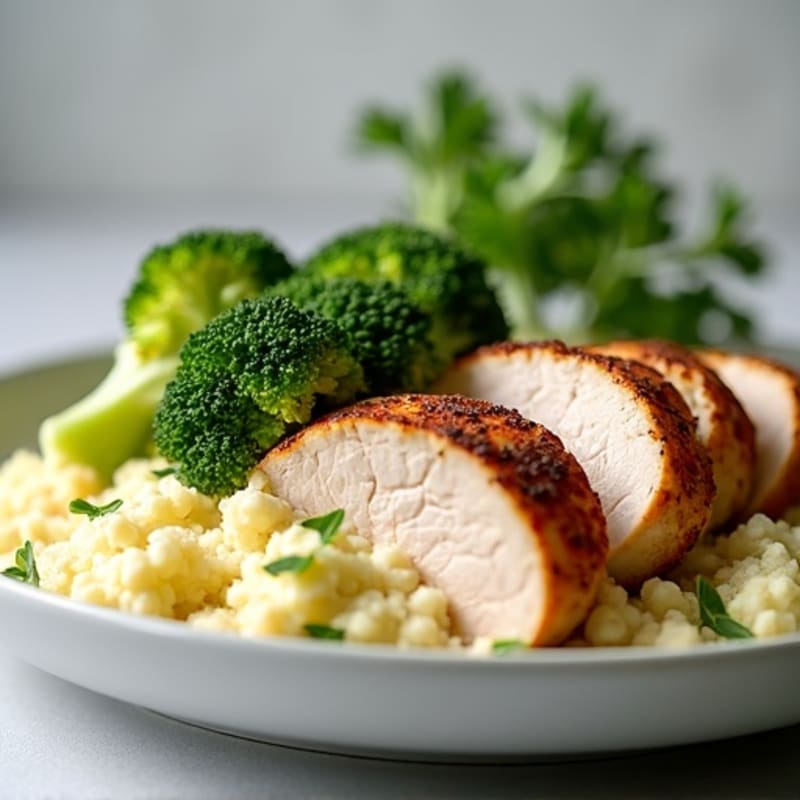 Seared Turkey Breast with Roasted Broccoli and Garlic Mashed Cauliflower