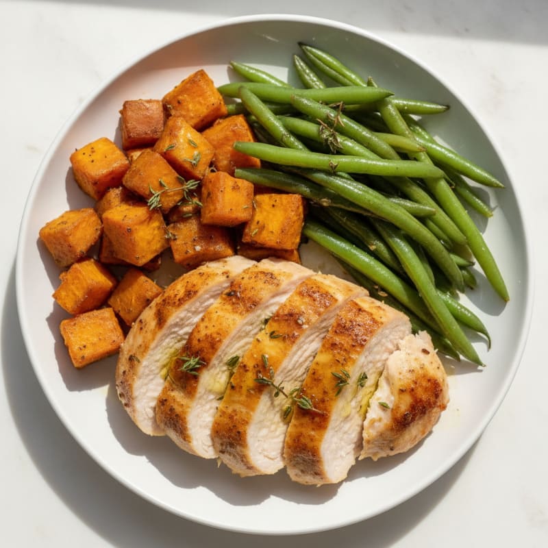 Seared Turkey Breast with Roasted Sweet Potatoes and Green Beans