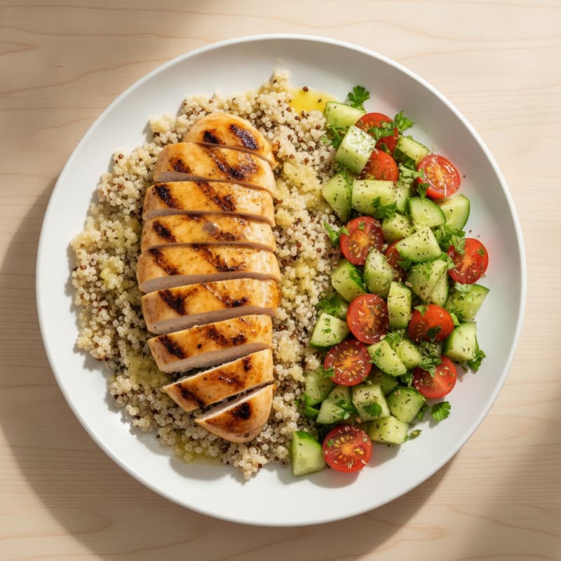 Grilled Chicken Breast with Quinoa and Crunchy Cucumber Tomato Salad