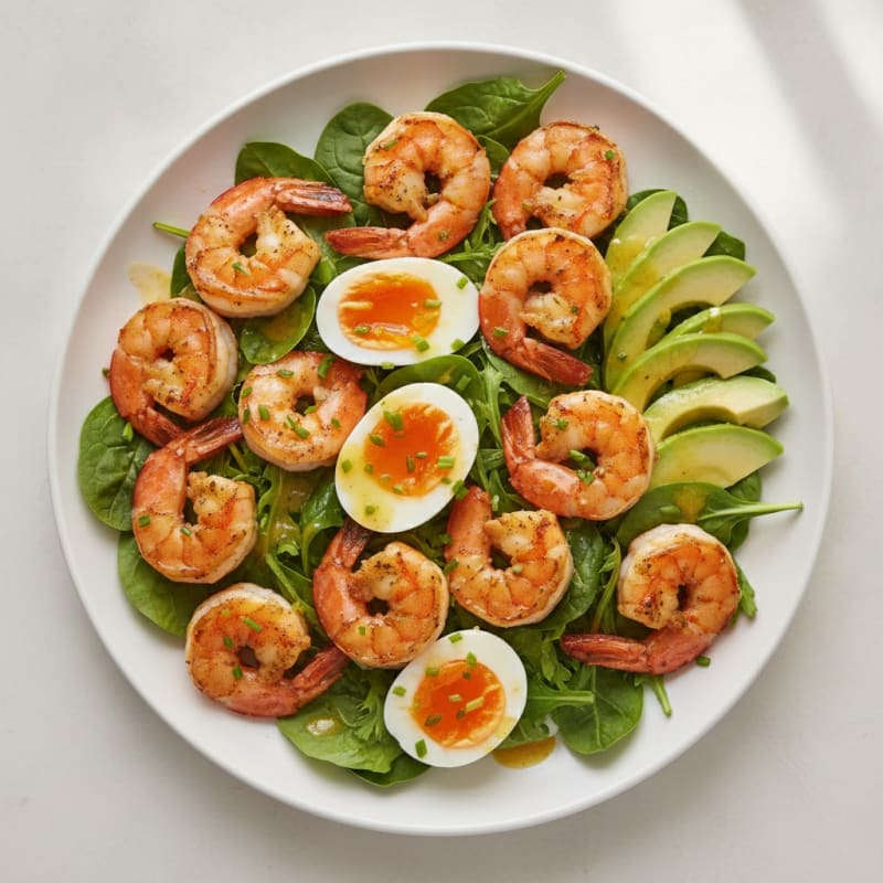 Grilled Shrimp and Egg Salad with Fresh Avocado Slices
