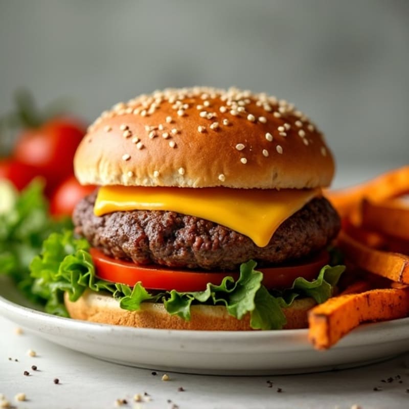 Lean Beef Burger with Crispy Sweet Potato Fries and Fresh Greens