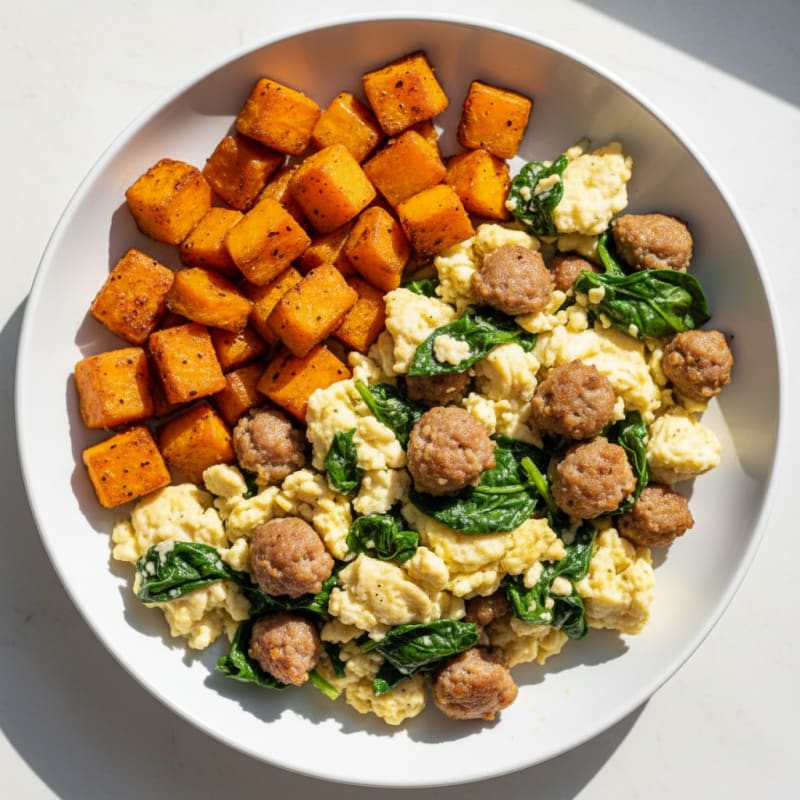 Egg White and Turkey Sausage Scramble with Spinach and Roasted Sweet Potato