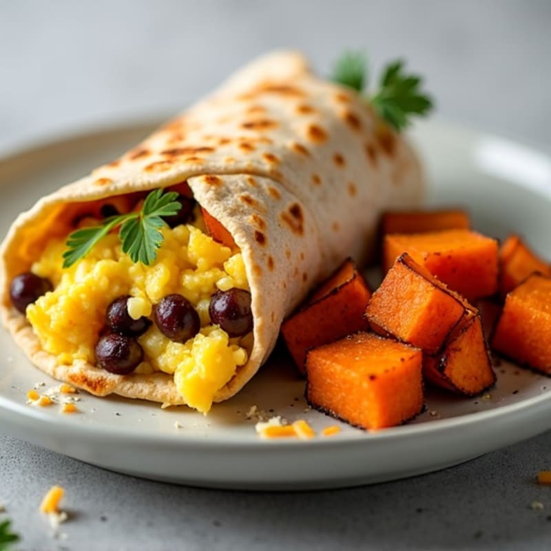Protein-Packed Scrambled Egg and Black Bean Burrito with Crispy Sweet Potatoes