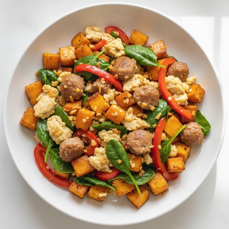 Egg White and Turkey Sausage Scramble with Roasted Sweet Potatoes
