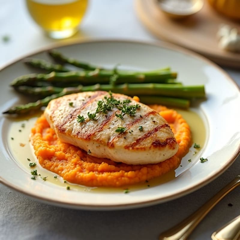 Chicken Breast with Creamy Sweet Potato Mash and Crispy Roasted Asparagus