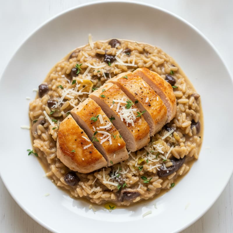 Wild Mushroom Risotto with Parmesan and Herbed Chicken