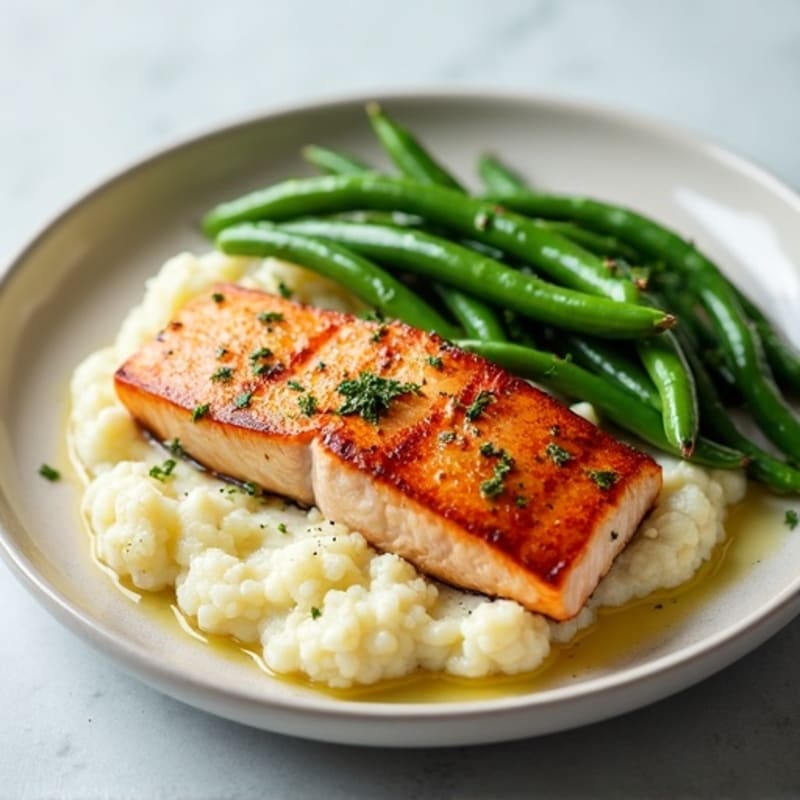 Seared Salmon with Steamed Green Beans and Garlic Mashed Cauliflower