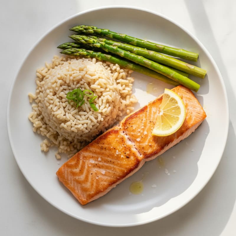 Seared Salmon with Steamed Asparagus and Brown Rice