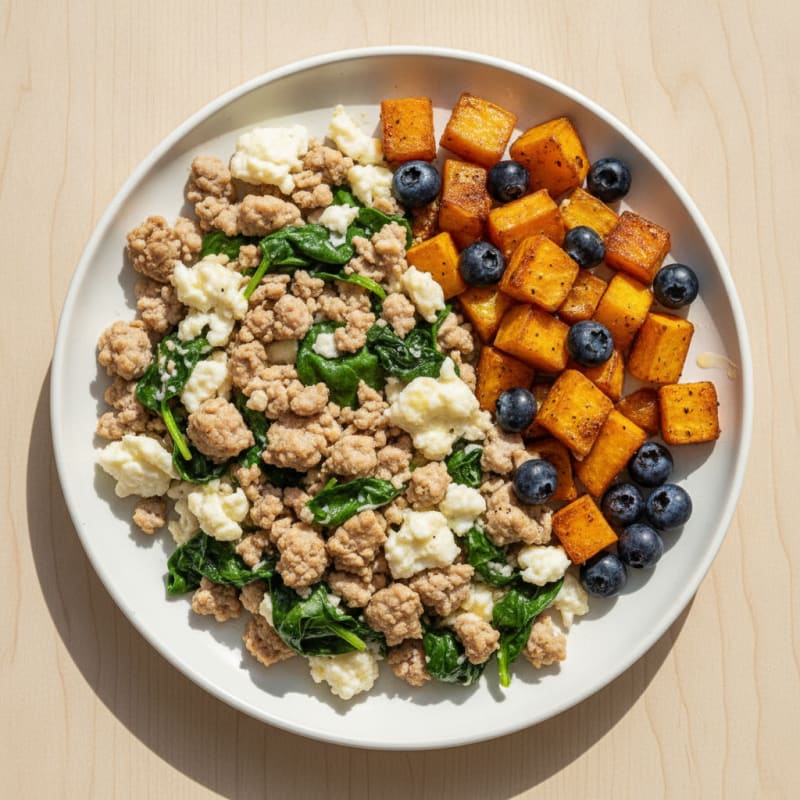 Turkey and Egg White Scramble with Spinach and Roasted Sweet Potatoes