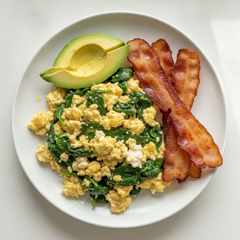 Cottage Cheese Egg Scramble with Spinach and Turkey Bacon