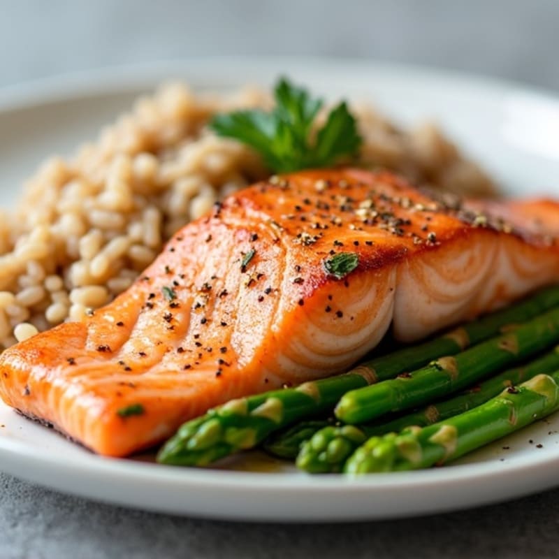 Seared Salmon with Steamed Asparagus and Brown Rice