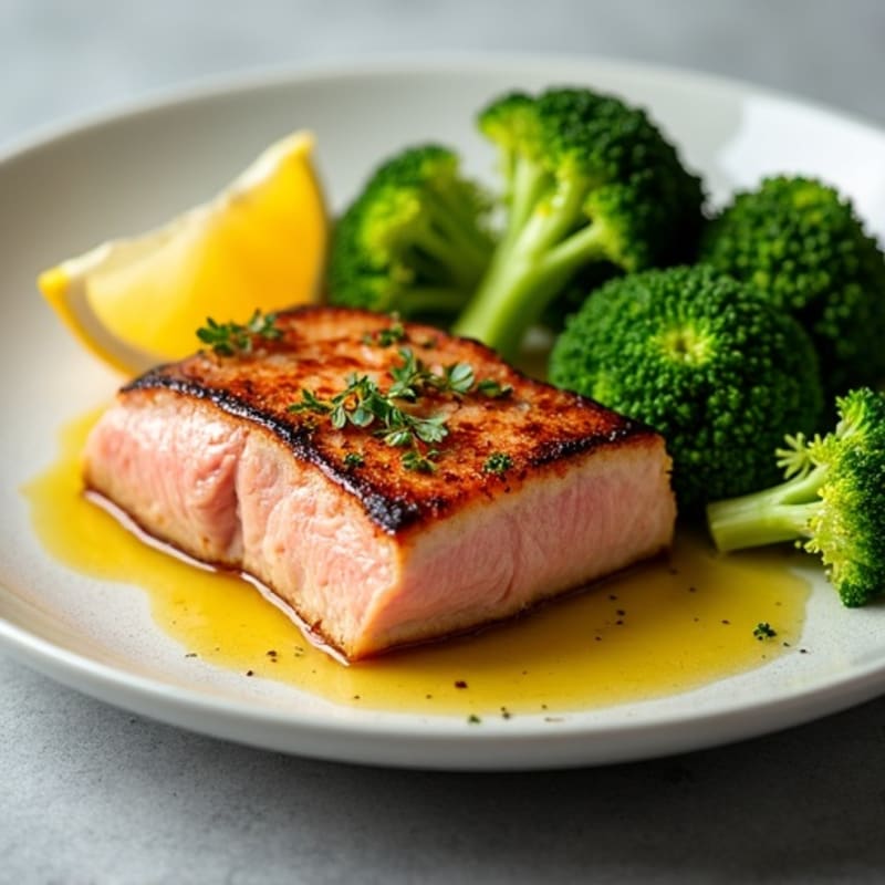 Seared Tuna Filet with Steamed Broccoli and Lemon