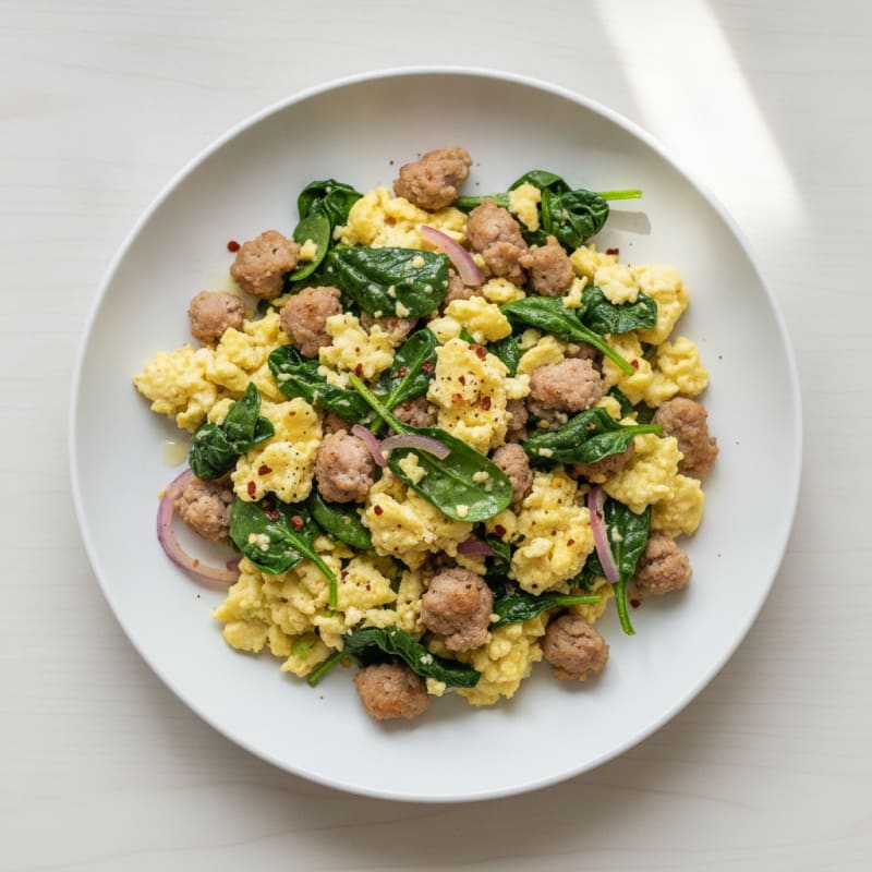 Egg White Scramble with Turkey Sausage and Sautéed Spinach