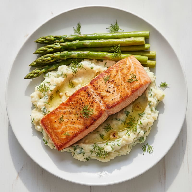 Seared Salmon Fillet with Herbed Cauliflower Mash and Steamed Asparagus