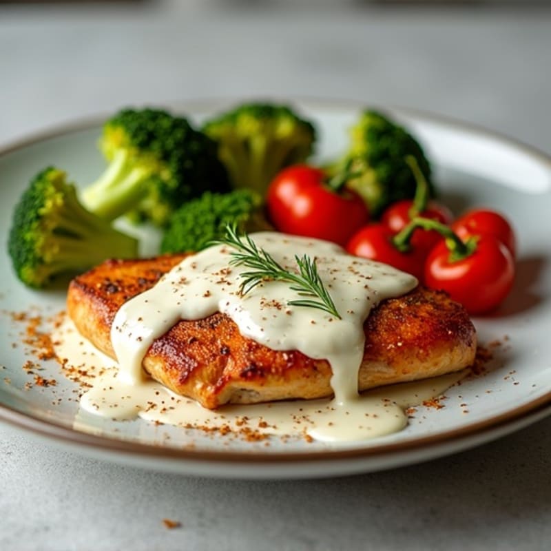 Spiced Roasted Chicken with Creamy Garlic Sauce and Fresh Vegetables
